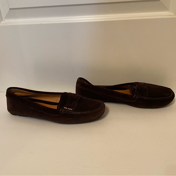 PRADA SHOES LOAFERS FLATS BROWN SUEDE LEATHER RUBBER SOLE ITALY SIZE 41 10.5 - Picture 6 of 13